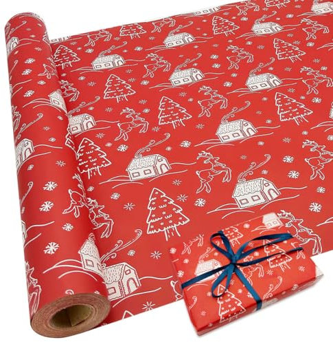 Rouleau de papier cadeau pour Noël: papier kraft rouge avec motif festif papier cadeau de Noël recyclable 43cm x 15m