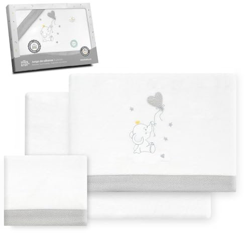Interbaby - Juego Sabanas Cuna 60x120 Algodon 100% | Sabana Cuna Franela, Cálida, Suave | Incluye Sabana Bajera, Encimera y Funda de Almohada | Ideal para Invierno | Elefante Globo Corazón Blanco/Gris