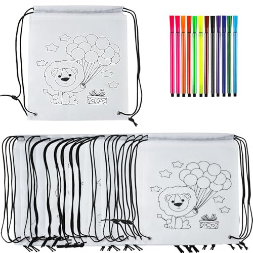 Rucksack zum Bemalen - 15 Stück Stoffbeutel Set mit 12 Graffiti Stiften - DIY Taschen Bemalen für Kinder auf Festen und Geburtstagen