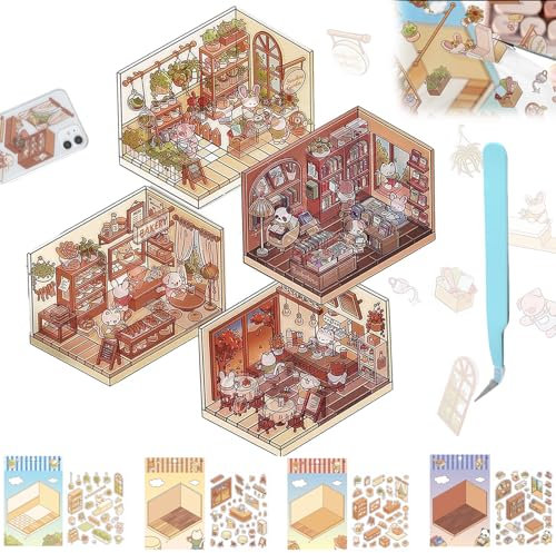 4 Sets DIY 3D Haus Sticker, Machen Sie Ihren Eigenen Supermarkt|Café|Restaurant|Buchladen, Lustige Niedliche Szenen-Aufkleber Zur Stresslinderung für Erwachsene und Kinder 2024