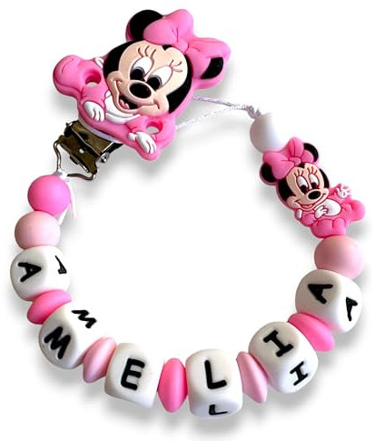 LulluLab Catenella Portaciuccio Con Nome, Personalizzato i ogni sua parte, tante Clip Portaciuccio da poter scegliere, ottima idea regalo per Baby Shower. (Minnie)