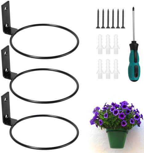 efuturetime 3 x Blumentopf Wandhalterung 12.5 cm Schwarz, Blumentopfhalter Wand Pflanztöpfe, Balkon Pflanzen Halterung Metall mit Schraben