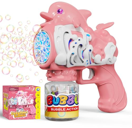 Babuloo Dolphins Bubble Gun for Kids, Portable Bubble Machine 10000+ Bubbles Per Minute with Bubble Solution, 10 Holes Automatic Bubble Blower Gun with Lights for Outdoor Party Wedding, Pink