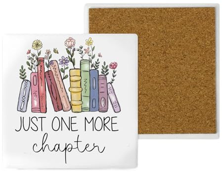 Book Lover Gifts, Ceramic Coaster with Cork Backing Pads | Square Coaster Pads for Bookworm, UV Printing, 10 X 10 X 0.7 Cm/Just One More Chapter