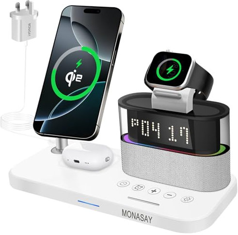 MONASAY Wireless Charging Station Qi2 5 in 1, 23W Wireless Charger with Alarm Clock for Multiple Devices, Magnetic Charger Stand for iPhone 16/15/14/13/12 Series and AirPods, Apple Watch Series, White