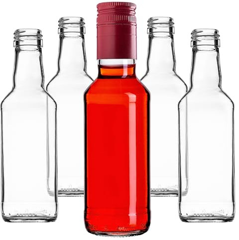 KADAX Botellas de vidrio para rellenar, 200 ml, 50 unidades, botellas de licor vacías con tapón de rosca, botellas de zumo, botellas para licor, botellas de licor (rojo, largo)