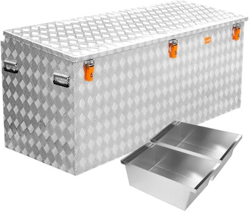 Alubox ABX-R780PE Aluminium Riffelblech Pritschenbox Transportkiste Staukasten mit eingerückter Scharnierposition und Schrägdeckel - 780 Liter - im Set mit 2x Aluminium Sortiereinsatz