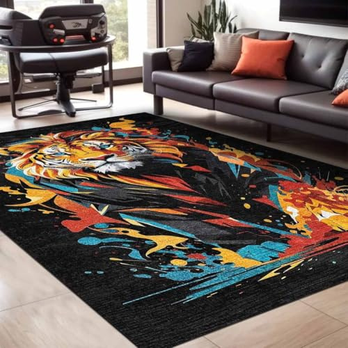bamyum Lions Gamer Bedruckter Teppich Chenille-Druck Maschinell Hergestellt für Spielzimmer, Gamer-Teppiche für Schlafzimmer, Videospiel Waschbarer Gaming Teppich 120x180