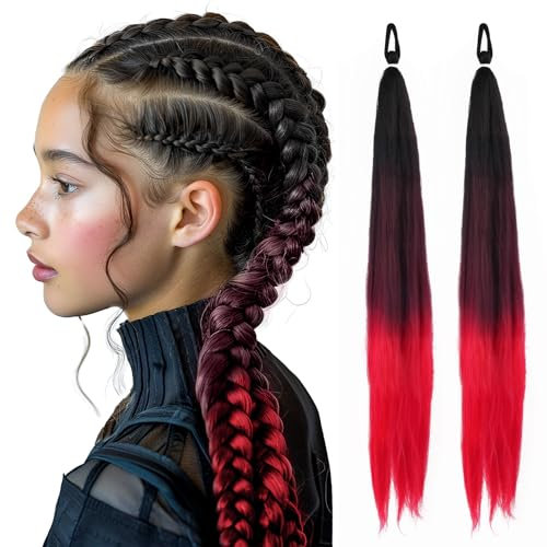 2 Stk Kunsthaar zum Einflechten 75 cm, Haarsträhnen zum Braiding Hair, Braids Extensions mit Haargummi, Geflochtener Zopf Haarteil, bunte haarsträhnen für Kinder Party Urlaub Karneval Deko(B)