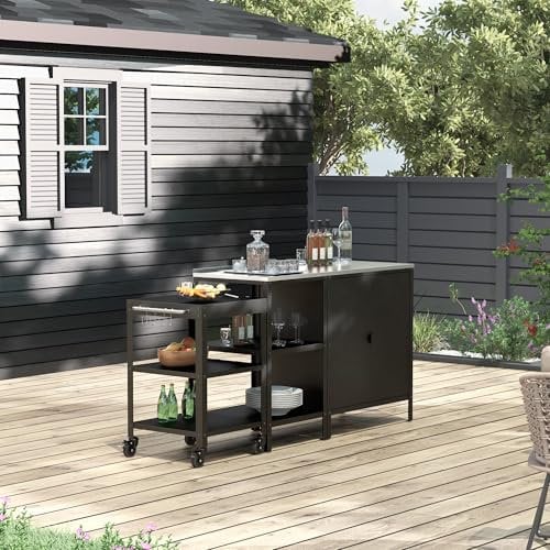 casa.pro Conjunto de Armario Exterior Bolognano con Estantería y Carro de Servicio de Diseño Uniforme para Terraza Jardín Barbacoa Muebles de Cocina Exterior Acero - Negro, Mate
