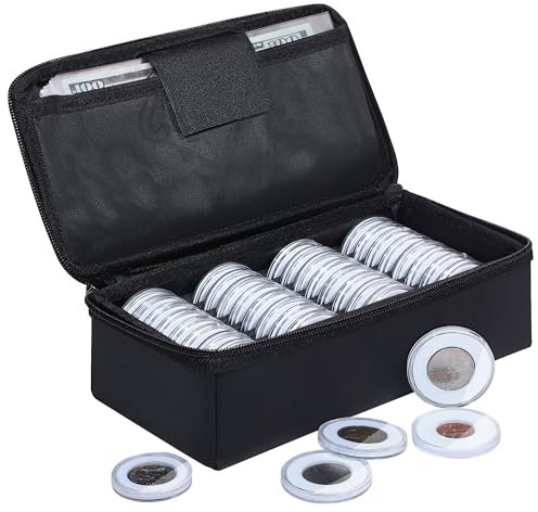 JUNDUN Feuerfeste Münzen und Scheine Aufbewahrung, 36 Stück Münzkapseln mit Schaumstoffdichtung & 100 Stück Währungshalter, Feuerfeste Münzbox, 5 Größen (40/35/30/25/20mm) Münzkoffer für Sammler