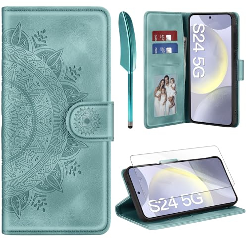 ivencase Lederhülle für Samsung Galaxy S24 5G Hülle und Schutzfolie, Premium Klappbar Handyhülle Flip Wallet, [Kartenfach] [PU Leder] [Ständer] Schutzhülle Kompatibel mit Samsung S24 5G, Grün