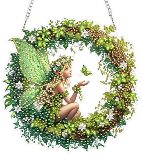 EOBROMD Kranz Diamond Painting Fensterbilder, 5D Elf Diamond Painting Anhänger Deko mit Kette, Diamant Malerei für Wand Und Eingang Dekoration