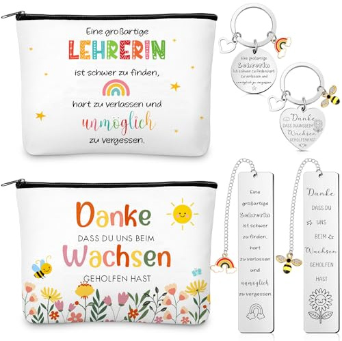 Xuniea Abschiedsgeschenk Lehrerin Geschenkset 6-Teilig | Inklusive 2 Schlüsselanhänger, 2 Lesezeichen Regenbögen, 2 Kosmetiktaschen, Geschenk für Danke, Geburtstag, Abschluss,