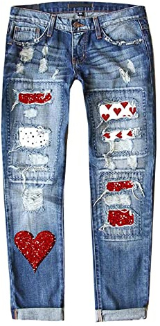Generisch Mom Jeans Damen, Winter Valentinstag Jeans Bedruckte Lochverdickte Hose Tumbler Kleidung