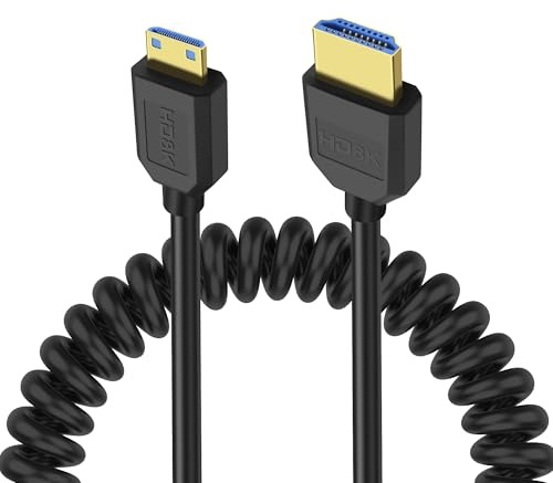 XMSJSIY 8K Mini HDMI to HDMI 2.1 Bidirection Coiled Cable 48Gbps 8K@60Hz | Mini HDMI Male to HDMI Male Spring Cord Support 8K@60Hz 4K@120Hz for Camera/Camcorder/Latop/Tablet