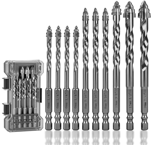 REKCKRUL Upgraded Premium Masonry Drill Bit Set – (1/4-9/16) 10-Piece Professional Serrated Carbide Tip Drill Bits for Concrete, Brick, Tile, Glass, Ceramic, Stone, Wood & Plastic