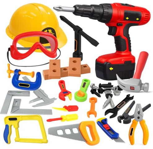 Toyana Kids Tool Set, 37 PCs Realistic Pretend Play Construction Toy with Toy Drill & Safety Hat & Goggles, Educational Role Play Tool Kit Gift for Children 3+ Years
