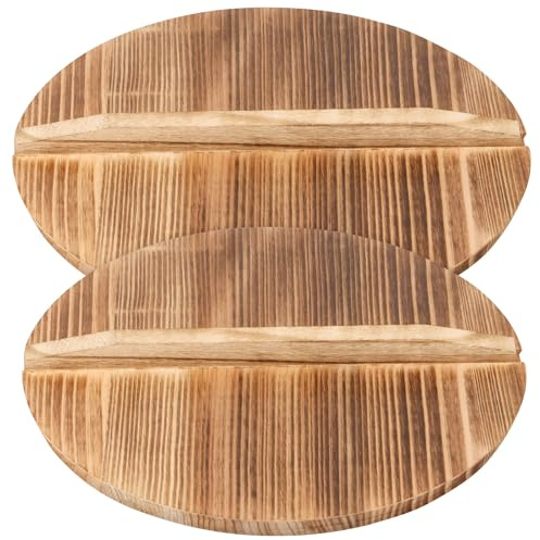 2Pcs Cast Iron Wok Cover, Wooden Wok Cover 30cm 34cm Pan Lid with Ergonomic Long Handle for Genuine Asian Cooking