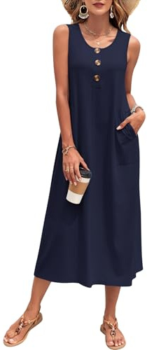 PLOKNRD Damen Sommer Maxi Kleid Ärmellos Strandkleid Lässiges Lange Button-Down Tank Kleid mit Taschen (Marineblau,S)