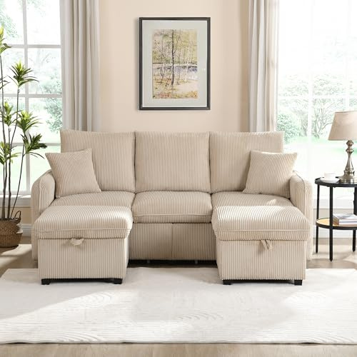 Ball & Cast U-förmiges Couch mit Schlaffunktion, 3-Sitzer Sofa mit 2 Staufußhocker aus Chenille-Bezug für das Wohnzimmer Wohnung Villa, 188 x 86 x 186 (BxHxT), Beige