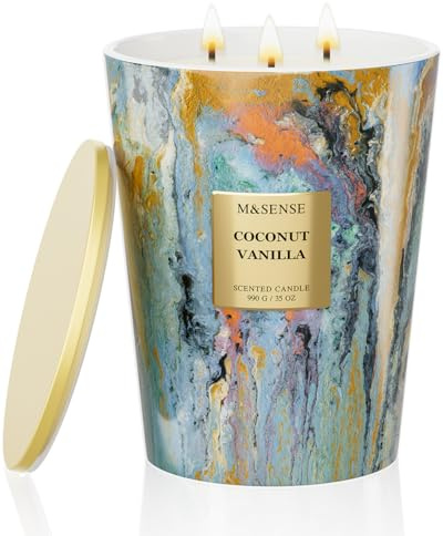 M&SENSE Große Duftkerze im Glas,Coconut Vanilla Scented Candle, 150 Std Brenndauer mit 3 Dochten, XXL-Kerze aus 990g Sojawachs zur Entspannung, Geschenk für Frauen, Weihnachten, Geburtstag, Muttertag