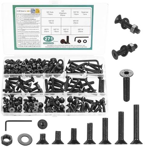 271 Pcs M5 Screws Set, M5 Bolts and Nuts Set, Countersunk Screws, Hex Socket Flat Head Screwsset, Countersunk Head Hex Socket Cap Screwsset, Machine Bolts and Nuts Assortment, with Spanner(Black)
