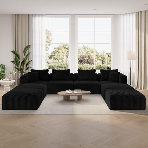 Novilla Modulares Sofa 8 sitzer 360cm Breit, Ecksofa Cord U Form Wohnzimmer | Boneless Couch mit Federn Smarts Coil®-Unterstützung Keine Montage erforderlich (4 Sitzplätze+4 Hocker+6 Sofakissen)