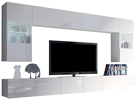 Moderne Wohnwand Calabrini I, Anbauwand, Mediawand, Hängevitrine, TV Lowboard, Wandregal, Wohnzimmerschrank, Fernsehschrank (ohne Beleuchtung, Weiß/Weiß Hochglanz)