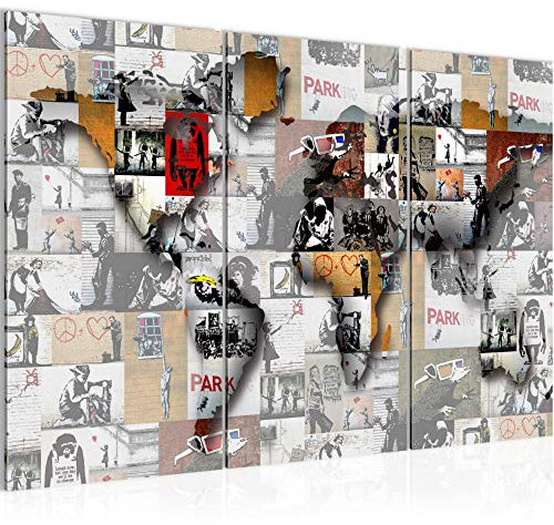 Runa Art Wandbilder Weltkarte Banksy Collage Bild XXL Loft Wohnzimmer Rosa Pop Art 120 x 80 cm 3 Teilig 104531b