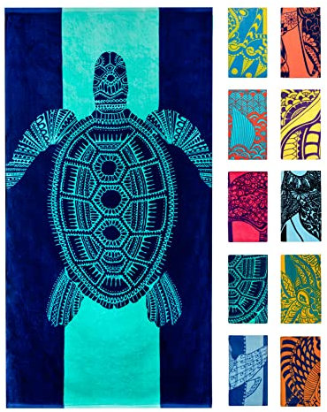 Nova Blue Schildkröten-Strandtuch - Tropische Blaue Farben mit einem einzigartigen Design, extra groß, XL (86,4 x 160 cm) aus 100% Baumwolle für Kinder und Erwachsene