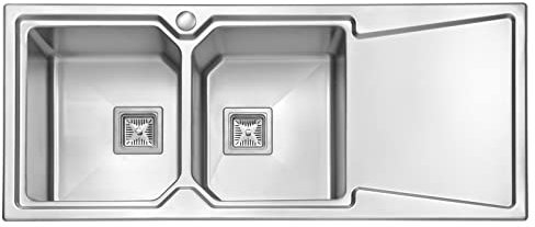 JASSFERRY Brilliant Inset Kitchen Sink 1.2 mm Thickness Stainless Steel Double 2.0 Large Rectangle Bowl Right Hand Drainer Square Strainer Plug Waste Pipe Kit