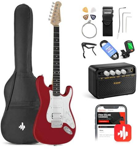 Donner E-Gitarre Set 39 Zoll mit Verstärker, Tasche, Capo, Gurt, Saiten, Tuner, Kabel und Plektren (Rot)