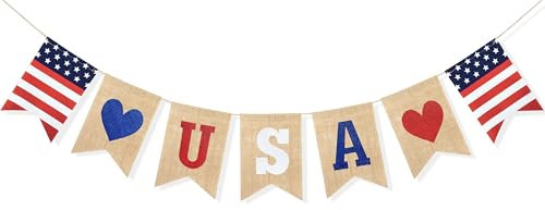 Uniwish Bandera de Estados Unidos de arpillera banderines 4 de julio decoraciones Día de la Independencia Americana Celebración Rojo Blanco y Azul Tema Fiesta Suministros