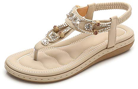iCKER Women's Flat Sandals Ladies Thong Flat Sandals Bohemian Beaded Strap Sandals Diamante Rhinestone Leather Sandals, 6UK(label size 40), Pearl apricot