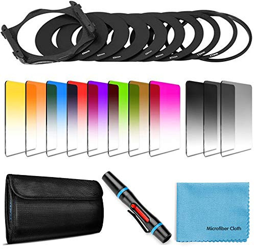 14 PCS Square Filter Kit Graduated ND Filters Color Lens Filter Set for Cokin P Series with Adapter Rings(49-82mm) Filter Holder Lens Cleaning Pen and Other Accessories for DSLR Cameras