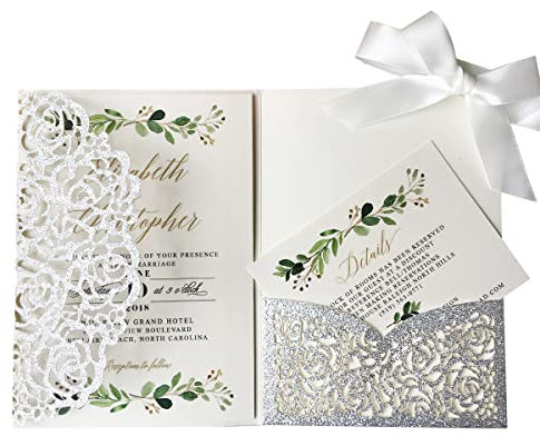 KUCHYNEE Silber Hochzeits Einladungskarten Mit 20 Stücke Lasergeschnittene Spitze Hochzeitseinladung Seidenband Schleife Set inkl Umschläge (Silberfarbener Glitzer)