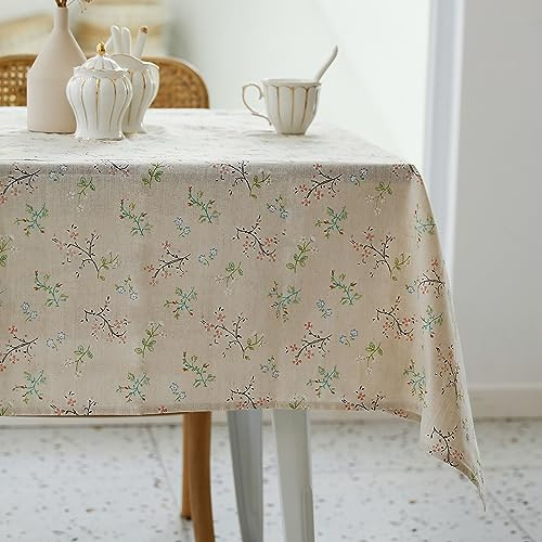 YiHomer Tischdecke im Landhausstil, rechteckig, 132 x 178 cm, Beiger Leinenstoff, waschbar, knitterfrei, für Restaurant, Picknick, Bistro, Innen- und Außenbereich, Gardenia-Motiv