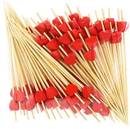 100PCS Cocktail Sticks Herz Bambus, Rotes Herz Cocktailspieße Holz Spieße 12cm, für Dekoriertes Essen, Cocktailglas, Karnevalsgeburtstagsfeier, Kindergeburtstagsfeier
