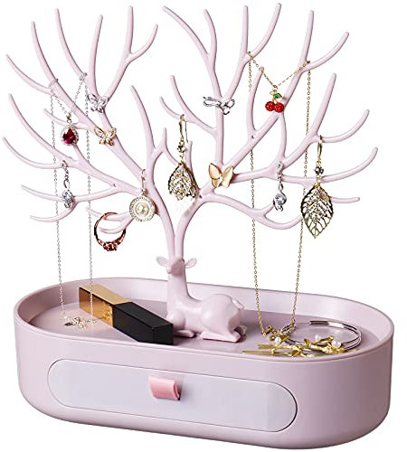 penobon Arbre Présentoir à Bijoux, Support Arbre Bijoux en Plastique avec Tiroirs, Porte Bijoux pour Boucles d'Oreilles, Colliers, Bracelets, Montres et Bagues (Rose)