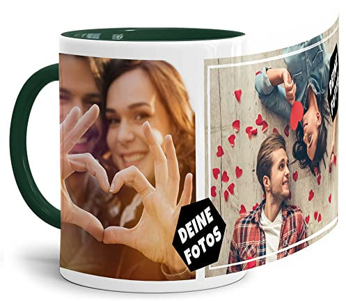 Foto-Tasse zum selbst gestalten mit Foto-Collage für 2 Wunschfotos - Geschenk für Familie, Freunde, Geburtstag, Weihnachten - Keramik Innen & Henkel Dunkelgrün, 300 ml I Personalisiert
