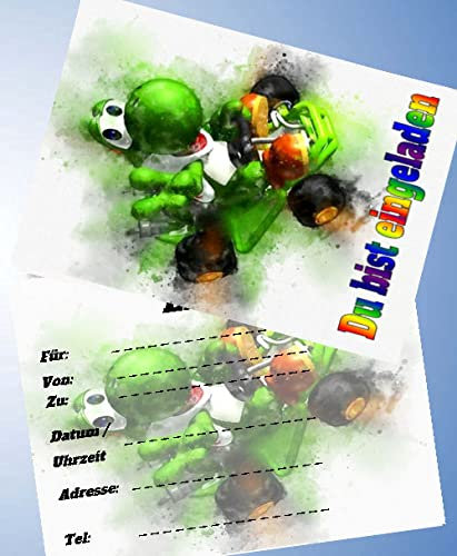 12 Einladungskarten & 12 Umschläge für Geburtstag Partys und Kindergeburtstag Super Mario / Yoshi Nr. 14