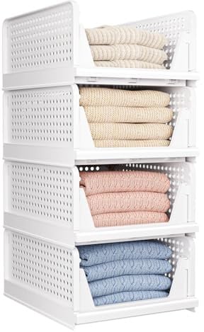 4 Pack Folding Closet Organizers Storage Box, Stackable Storage Bins, Plastic Drawer Basket Closet Storage for Wardrobe Cupboard Kitchen Bathroom Office White-4L