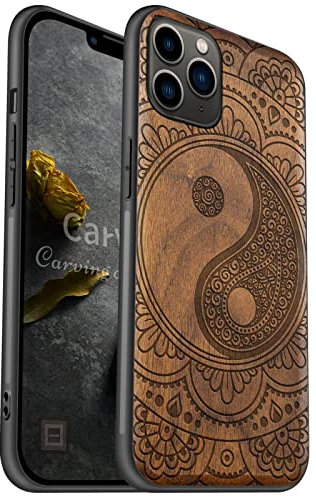 Carveit Handyhülle für iPhone 11 Pro Max Case [Holz und TPU Silikon Hybrid hülle] Stoßfeste Stoßstange handyhülle Kompatibel mit 11 Pro Max Massivholz Cover（Nussbaum-Mandala mit Yin-Yang）