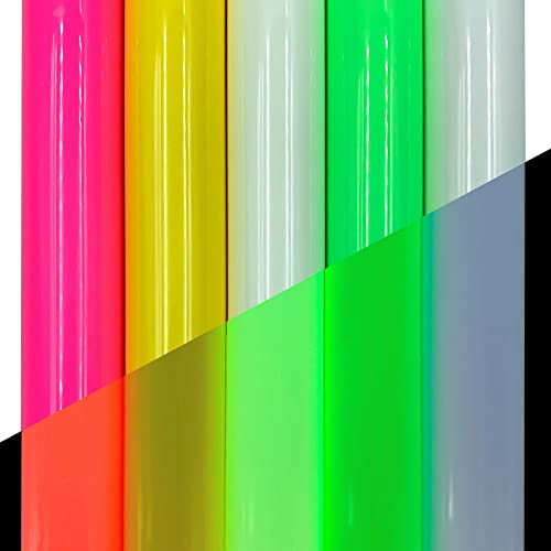PU Heat Transfer Vinyl 5 Farben HTV Sortiert Bundle/Variety Pack Kleber Aufbügeln Vinyl Leuchtende Fluoreszierende Farbe für T-Shirts Einfach zu Unkraut Schneiden Glow in the Dark (Größe: 30 x 25 cm)