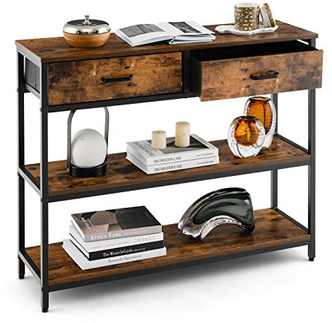 COSTWAY Tavolo Consolle in Legno, Tavolo da Ingresso con 2 Cassetti e Ripiani, Tavolo Multiuso e Moderno per Corridoio, Soggiorno e Ingresso,100 x 30 x 80cm, Marrone Rustico