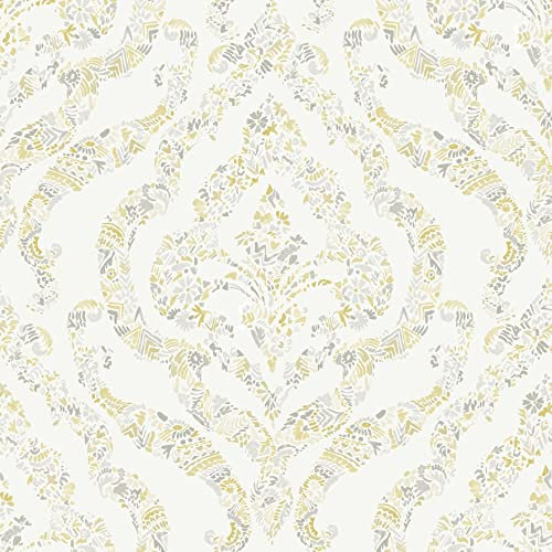 Featherton Damask Yellow Grey Wallpaper - Paste The Wall Modern Contemporary Abstract Feature Wall
