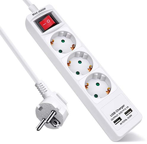 EXTRASTAR Regleta Enchufe con 3 Tomas y 2 Puertos de USB, Alargador Enchufe con Interruptor, 1.5 m, para El Hogar, La Oficina y Los Viajes, 3680W, Blanco, 1pc