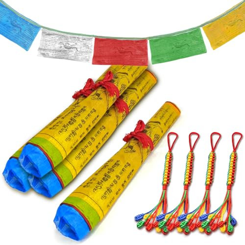 XSHAO® 4 Bandiere Tibetane, Bandiere di Preghiera Tibetane con 4 Nodi di Buon Auspicio per Sale di Meditazione/Decorazione Esterna e Preghiere Buddiste, 5 Metri di Lunghezza 20 Bandiere