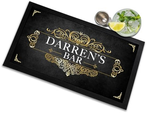 Artylicious Tapis de bar personnalisé – avec votre nom – Gris et doré Grunge Bar Mat C104 Home Bar Accessoires